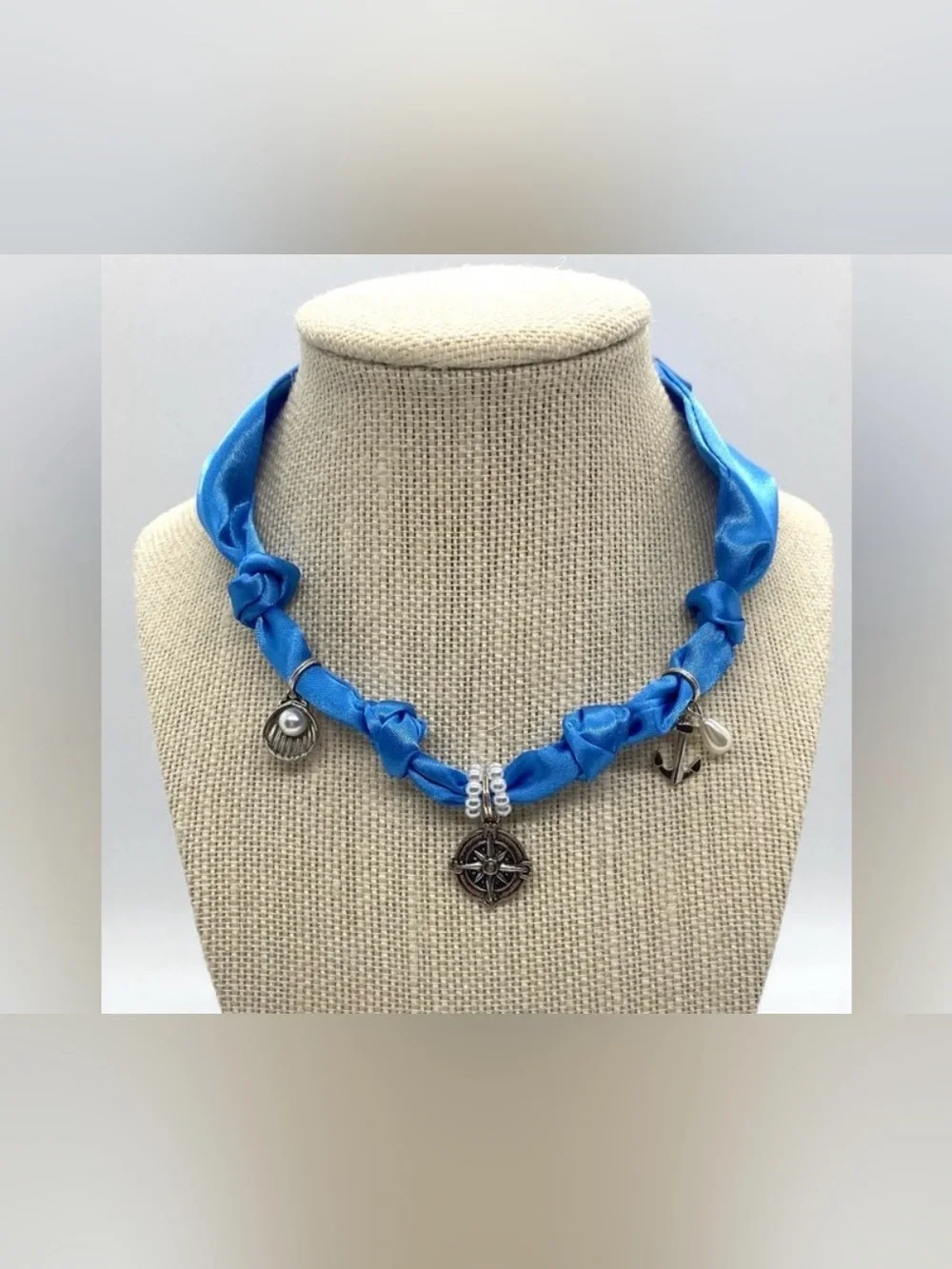 Blue Satin Scarf Necklace Silver Charms Boho Coastal Nautical Preppy Cottagecore